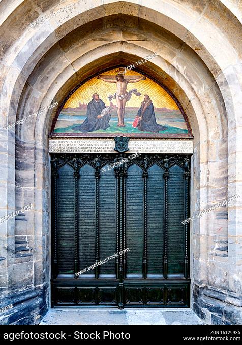 Wittenberg, S-A / Germany - 13 September 2020: the door of the castle church door in Wittenberg where Martin Luther nailed his 95 theses in 1517