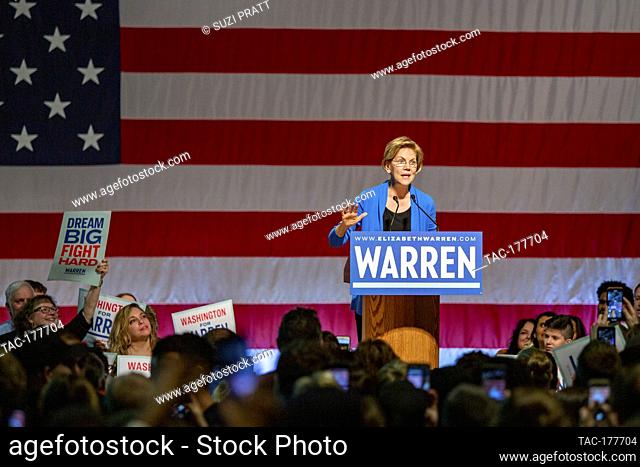 Senator Elizabeth Warren speaks at a campaign rally at the Seattle Center on February 22, 2020 in Seattle, Washington