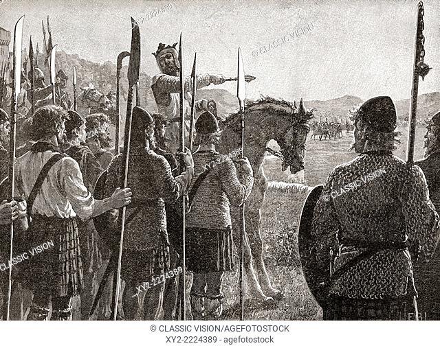 Robert the Bruce reviewing his troops before the Battle of Bannockburn, 24 June 1314. Robert I, 1274 – 1329, aka Robert the Bruce. King of Scots