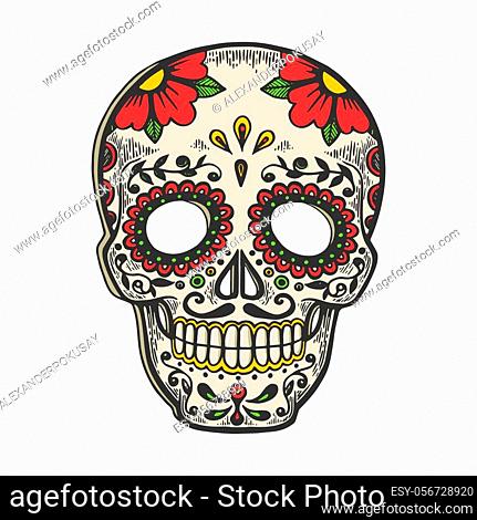 Mexican mask day of dead vintage sketch engraving vector illustration. T-shirt apparel print design. Scratch board style imitation