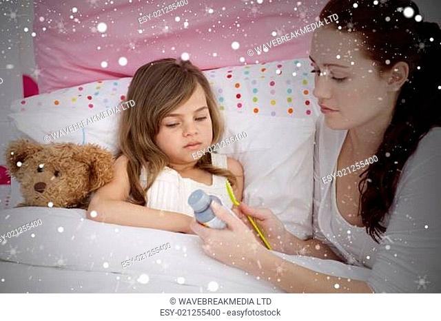 Composite image of mother giving her daughter cough medicine