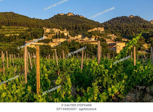 VILLAGE AND VINEYARDS OF GIGONDAS AT THE FOOT OF THE DENTELLES DE MONTMIRAIL, VAUCLUSE (84), FRANCE