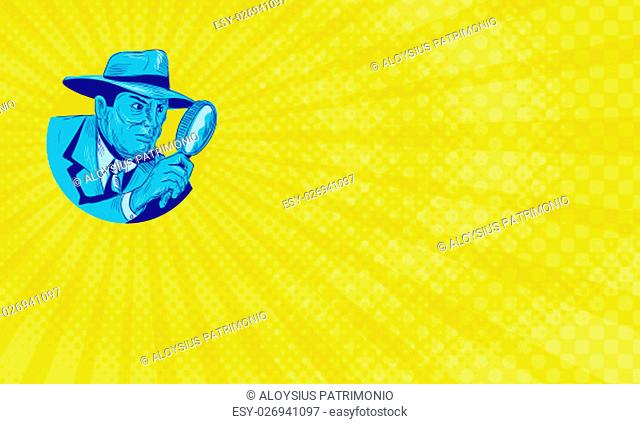 Business card showing Drawing sketch style illustration of a detective policeman police officer holding magnifying glass set inside circle on isolated...