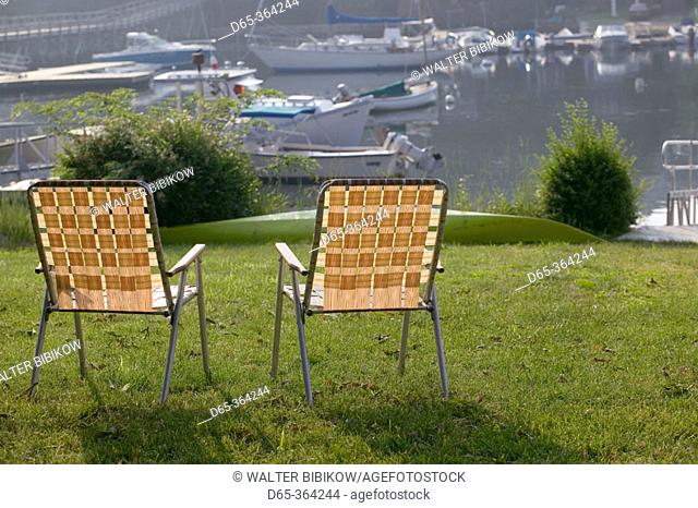 Summer chairs. Annisquam harbour. Gloucester. Massachusetts. USA