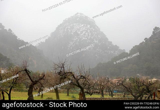 28 February 2023, Spain, Caimari: Snow can be seen on the Serra de Tramuntana mountain range in northwest Mallorca. The storm low ""Juliette"" has covered large...