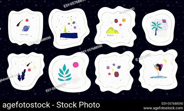 Nature Star cutout sticker set moon travel cosmos astronomy inspiration graphic design typography element. Hand drawn Cute simple vector paper collage style