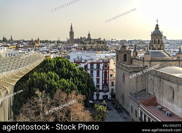 Metropol Parasol view to the Iglesia de la Anunciación and the cathedral, Seville, Andalusia, Spain