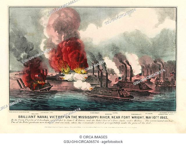 Brilliant Naval Victory on the Mississippi River, near Fort Wright, May 10th, 1862, Lithograph, Currier & Ives, 1862