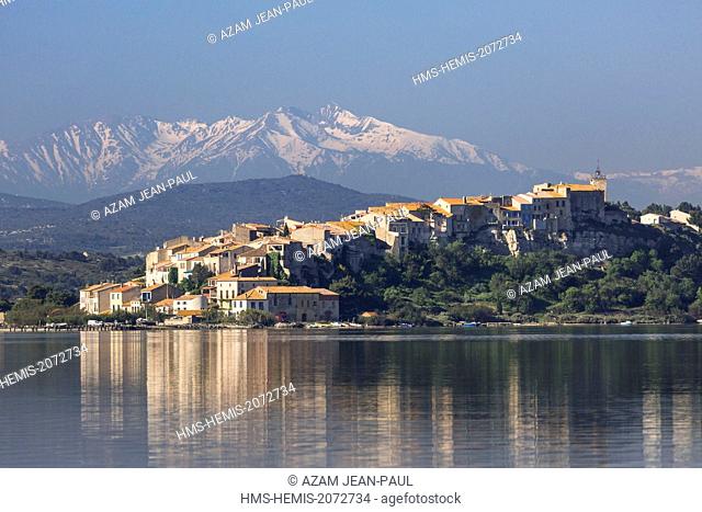 France, Aude, Bages, the village, the lake and Canigou peak
