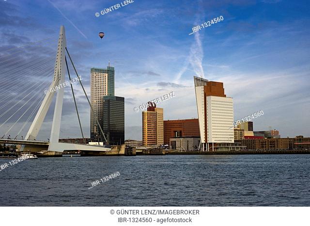 Erasmusbrug bridge and Kop Zuid on the Maas river, Rotterdam, South Holland, Holland, Netherlands, Europe