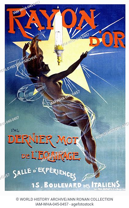 Poster showing a nude woman with gossamer wings reaching toward the light of a star and a Rayon d'Or light fixture. Jean de Paleologue (1855-1942)