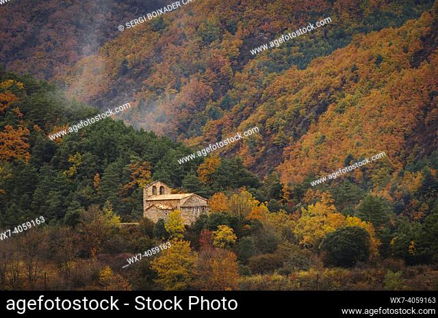 Hermitage of Sant Martí del Puig in autumn in the Bastareny valley (BerguedÃ , Catalonia, Spain, Pyrenees)