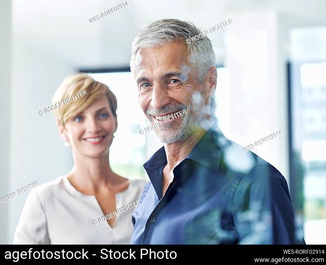 Happy mature businessman with colleague in office