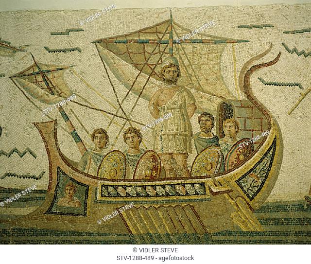 Art, Bardo, Bardo museum, Greek, Hero, Holiday, Landmark, Legend, Mosaic, Odysseus, Odyssey, Ship, Sirens, Tourism, Travel, Troj