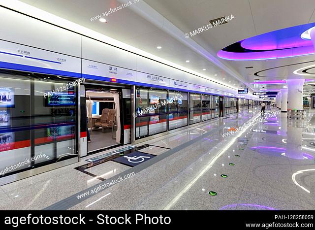 Beijing, China – September 30, 2019: Cao Qiao Caoqiao Peking Beijing Daxing Airport Express MRT Metro Station in China. | usage worldwide