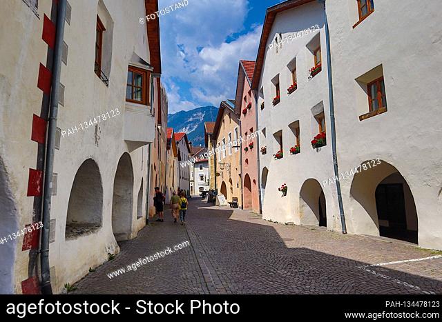 South Tyrol, Italy July 2020: Impressions of South Tyrol July 2020 Glurns, Vinschgau, South Tyrol, market square, smallest town in the Alps
