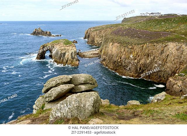 rocky islands at Land End, Cornwall, landscape of most western land of Cornwall, with rocky islands and steep cliffs