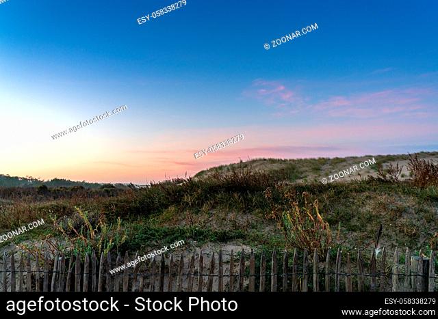 A wooden palisade fence and beach and sand dunes at sunrise