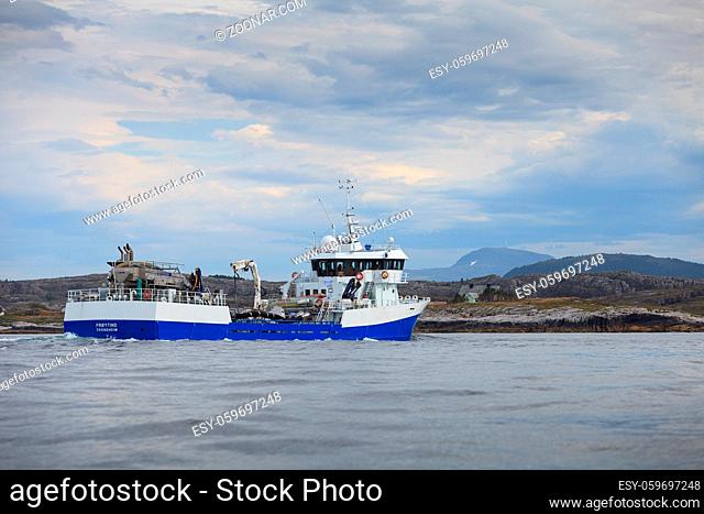 bulk carrier boat in fjord. outdoor shot in Norway. copy space