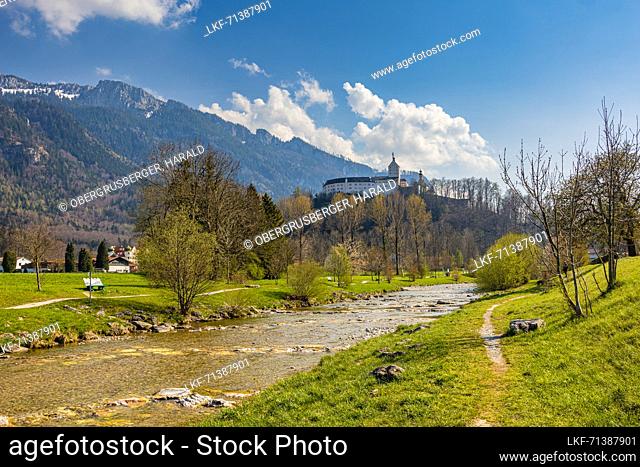 Hohenauschau Castle, Prien River in the foreground. In spring, Chiemgau, Upper Bavaria, Bavaria, Germany