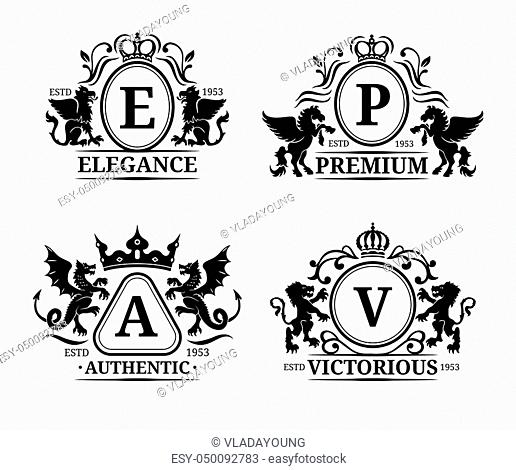Vector monogram logo templates. Luxury letters design. Graceful vintage characters with animals silhouettes illustrations used for hotel, restaurant, boutique