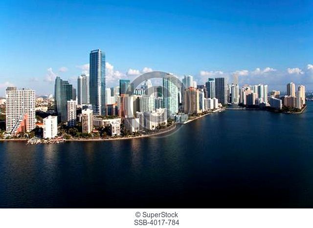 Aerial of Downtown Miami Skyline from overlooking Biscayne Bay