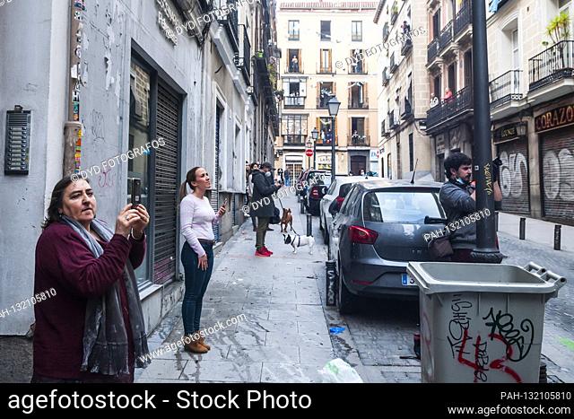 The residents of the hip, student-friendly district of Malasana celebrate on the 47th day since the Spanish government imposed a state of emergency because of...