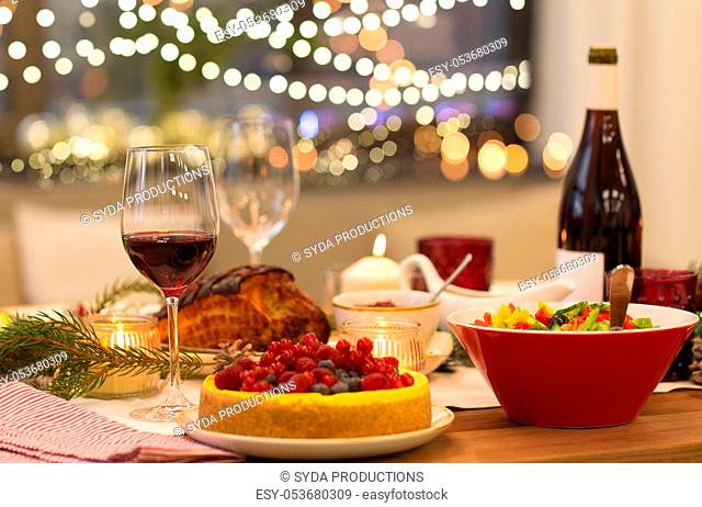 food and drinks on christmas table at home