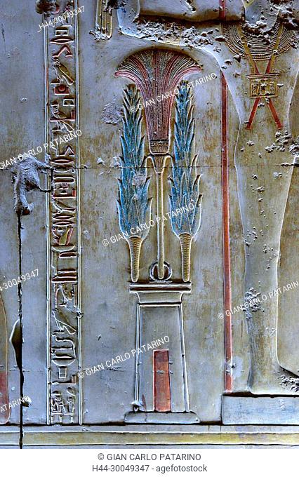 Abydos, Egypt, the mortuary temple of pharaoh Seti I, Menmaatra, (XIX° dyn. 1321-1186 B.C.) . An insigna sacred to god Osiris