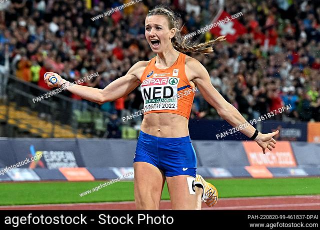 20 August 2022, Bavaria, Munich: European Championships, Athletics, 4 x 400m relay, women, final at Olympic Stadium, Femke Bol of the Netherlands crosses the...