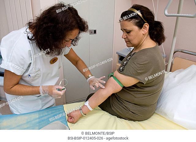 Photo essay in the department of diabetology at Saint-Louis hospital, Paris, France. Blood sampling