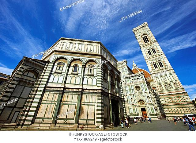View of the Facade of the the Gothic-Renaissance Duomo of Florence, Basilica of Saint Mary of the Flower, Firenza  Basilica di Santa Maria del Fiore