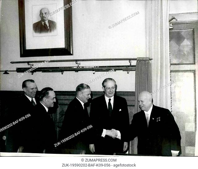 Feb. 02, 1959 - Mr. Macmillan In Moscow. Photo shows Mr. Kruschev, Soviet leader, shakes hands with Mr. Selwyn Lloyd, the British Foreign Minister