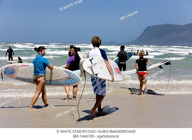 Group of young surfers on the beach in Muizenberg, Cape Town, Western Cape, South Africa, Africa
