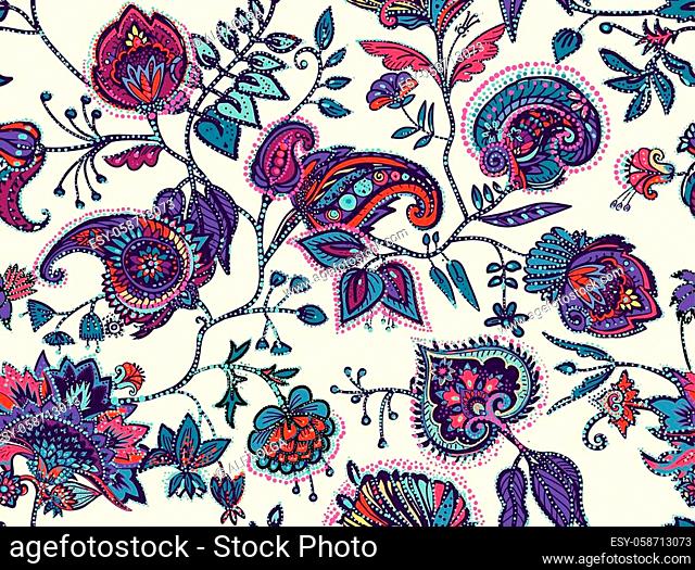 Decorative seamless floral pattern for fabric, tapestry, wallpaper and backgrounds in the style of a traditional oriental paisley pattern