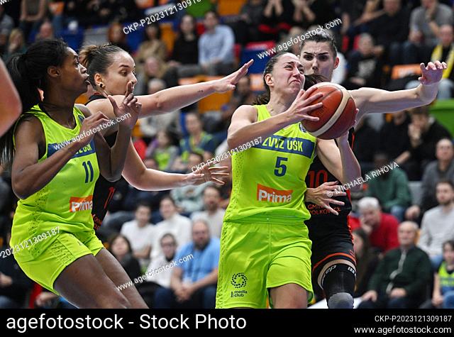 L-R Valeriane Ayayi (Praha), Zala Friskovec (Polkowice, Maite Cazorla (Praha) and Dragana Stankovic (Polkowice) in action during the Women's Basketball European...