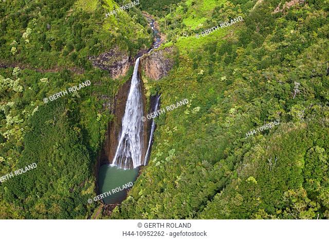 Manawaiopuna Falls, Manawaiopuna, USA, United States, America, Hawaii, Kauai, inland, waterfall, cataract, rain forest, aerial, view