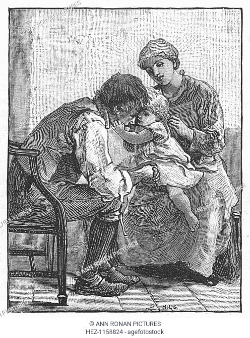 Scene from Silas Marner by George Eliot, 1882. Eppie, the orphan adopted by the linen weaver Silas Marner, showing Marner how much she likes him