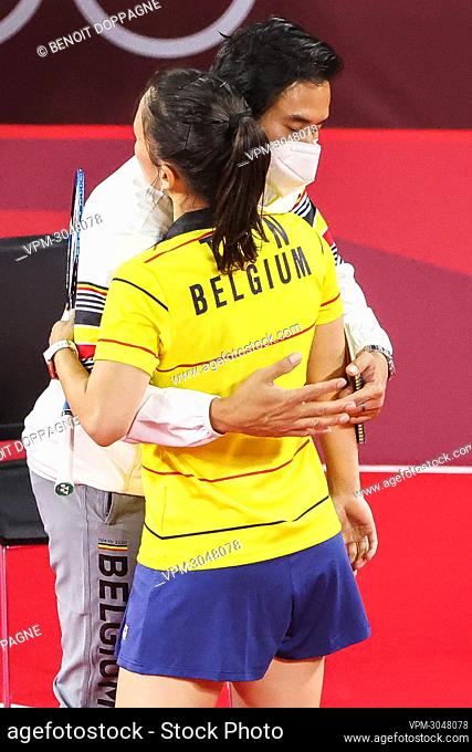 Belgian Lianne Tan and badminton coach Ade Bagus Indra Chandra pictured during a group stage game (group M) of the women badminton event between Belgian Tan and...