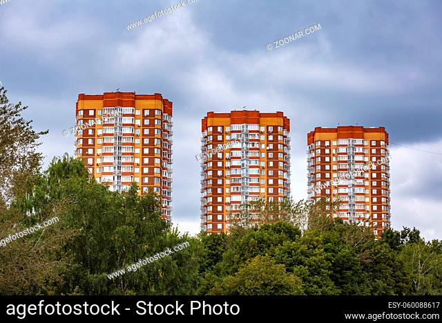 Moscow region - September 12, 2021: Modern high-rise residential building in the vicinity of the capital city