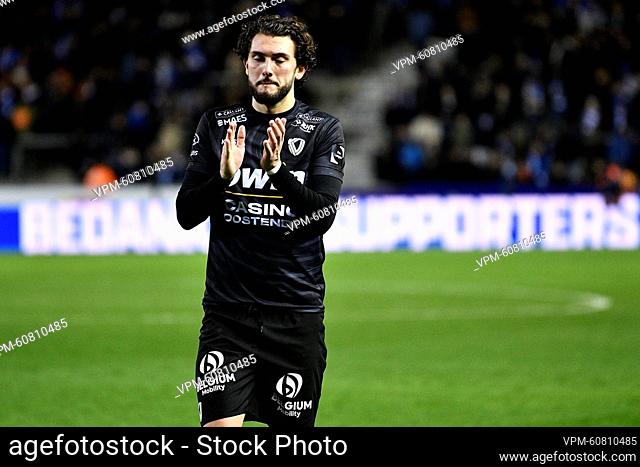 Oostende's Fraser Hornby looks dejected after losing a soccer match between KRC Genk and KV Oostende, Saturday 25 February 2023 in Genk