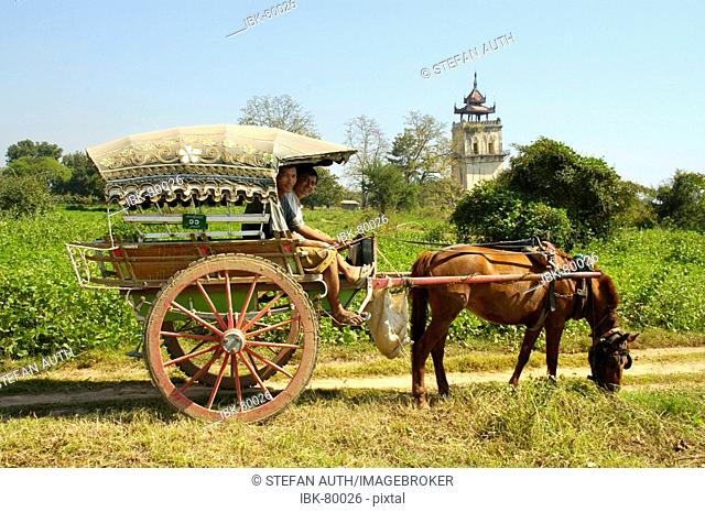 Horse cart at angled tower Nanmyin watchtower Ava Inwa Mandalay Burma