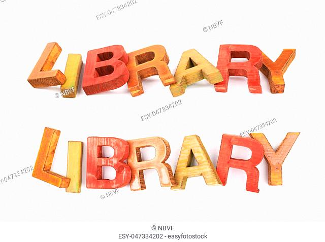 Word Library made of colored with paint wooden letters, composition isolated over the white background, set of two different foreshortenings