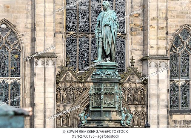 UK, Scotland, Edinburgh - A statue outside of St. Giles' Cathedral, also known as the High Kirk of Edinburgh, the principal place of worship of the Church of...