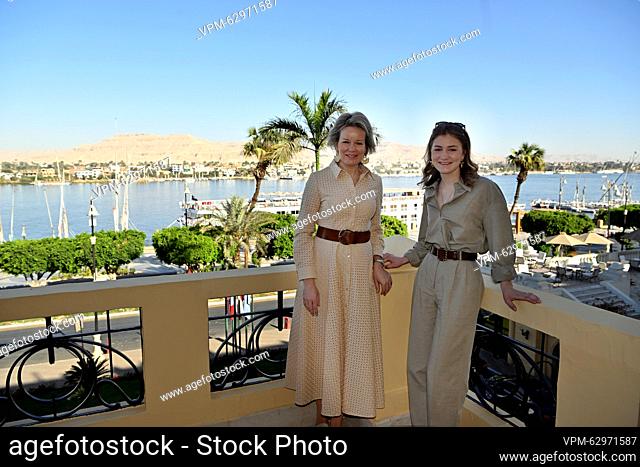 Queen Mathilde of Belgium and Crown Princess Elisabeth pose for the photographer during a visit to the Winter Palace, on the second day of a royal visit to...