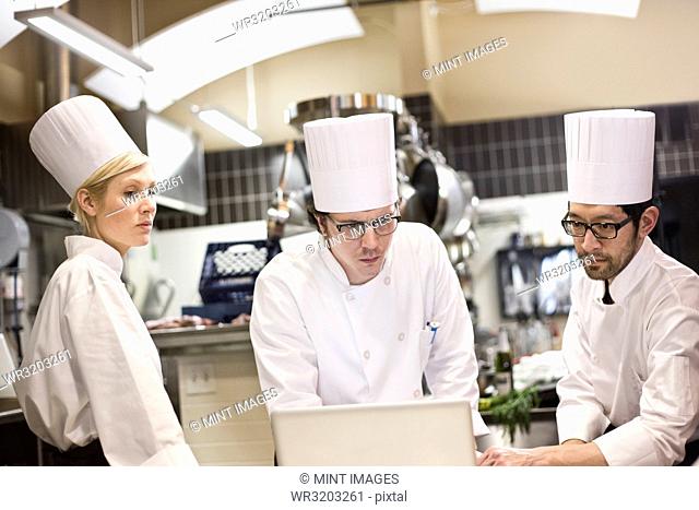A mixed race group of chefs working with a laptop computer in a commercial kitchen
