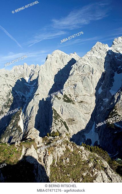 View of Fleischbank and Kaiser north face from Stripsenkopf, Wilder Kaiser, Tirol, Austria
