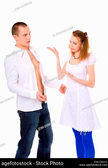 Couple talking full of emotions isolated on white
