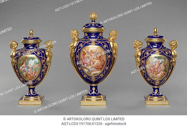 Garniture of Three Vases, Shape designed by Jacques-François Deparis (French, active 1746 - 1797), at least one vase modelled by the répareur Etienne-Henry Bono...