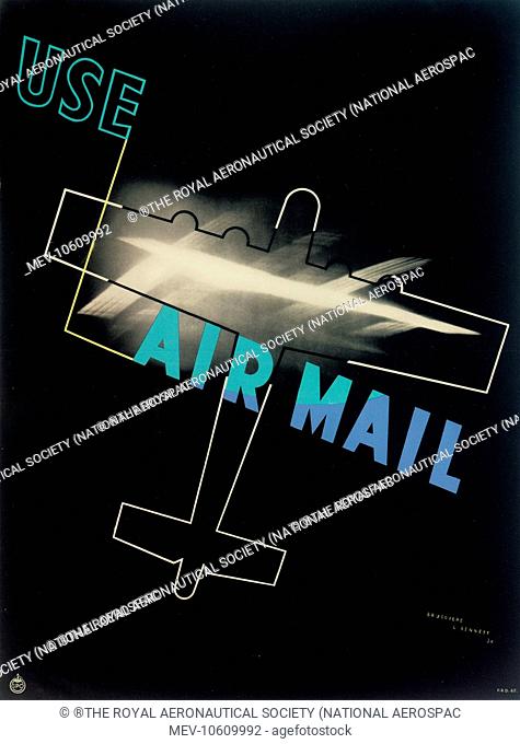 GPO poster, Use Air Mail. Showing the outline of a monoplane on a black background